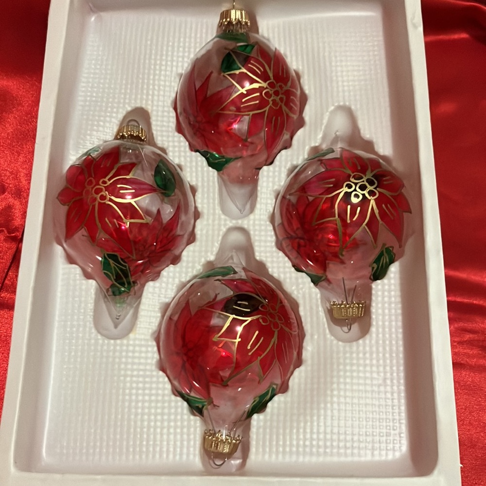 Tear Drop Clear Glass Ornament with Poinsettias drawn on 2005 Hobby Lobby